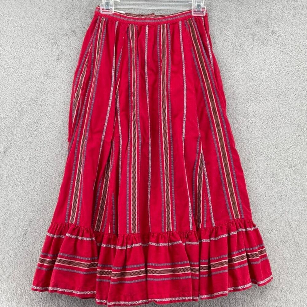 Vtg Sottana Prairie Skirt Women XS Red Midi Peasant Festival Boho Tiered Pockets